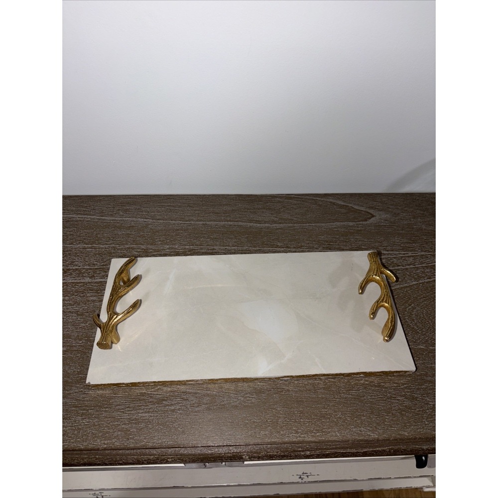 Indian‎ White Marble Serving Tray with Gold Finish Metal Handle DECORATIVE 14x7